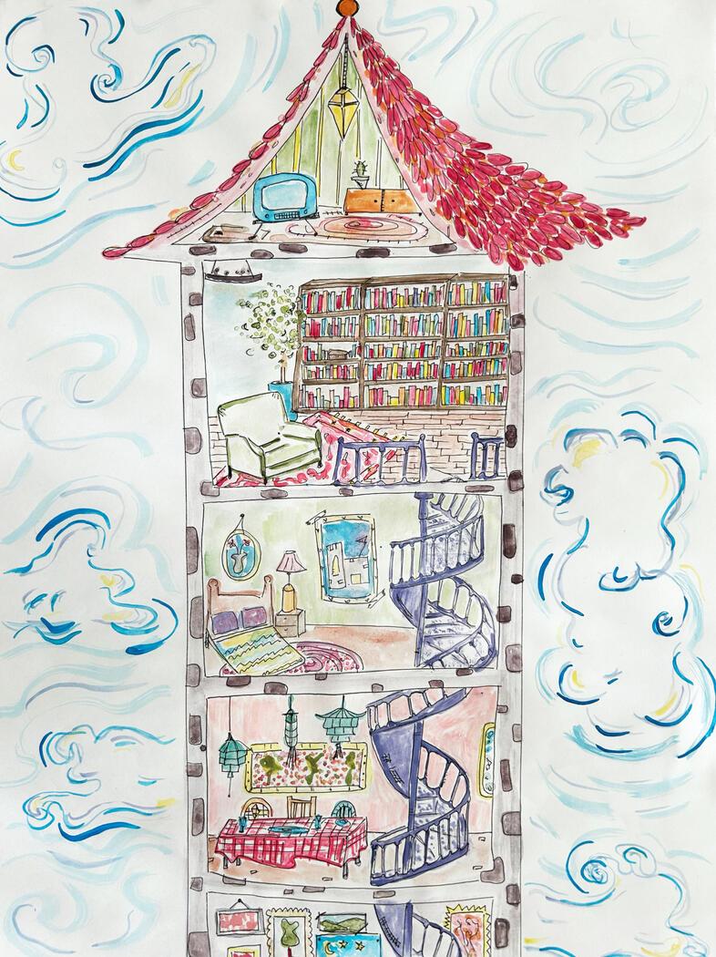 &quot;The Tower&quot;, 2024, gauche and pen, size: 11&quot; x 15&quot;