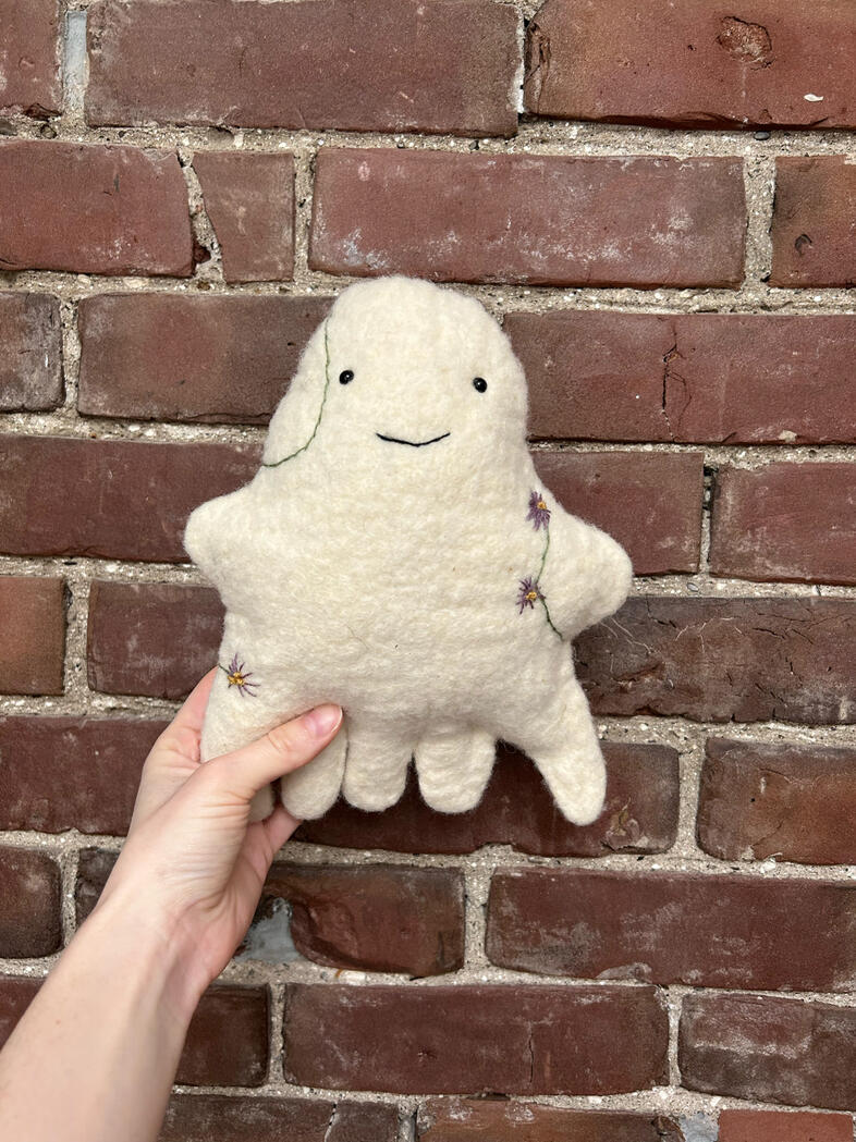 &quot;House Ghost&quot;, 2025, Wet felted Ontario wool w/ naturally dyed embroidery, 5.5&quot; x 9.5&quot;