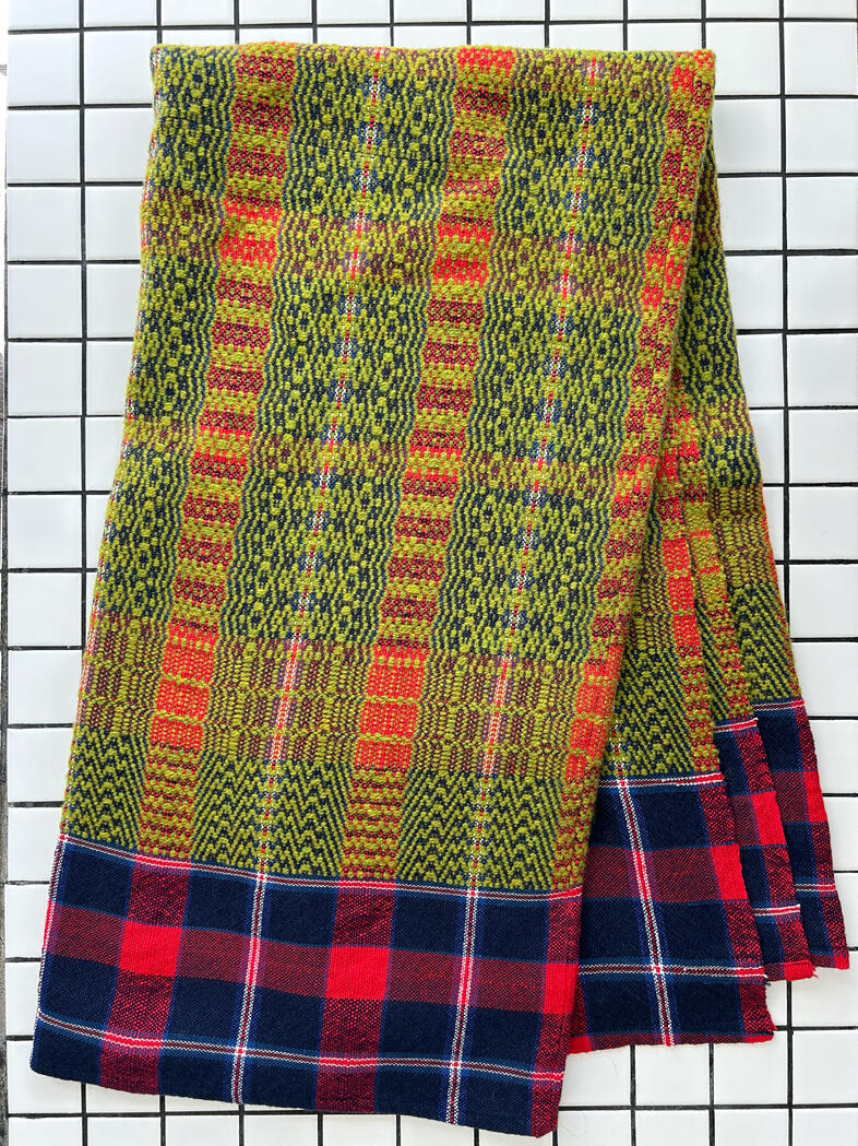 &quot;Woven Atonement&quot;, 2025, 4-shaft woven custom floatwork (overshot) throw blanket, 51.5&quot; x 53.5&quot;