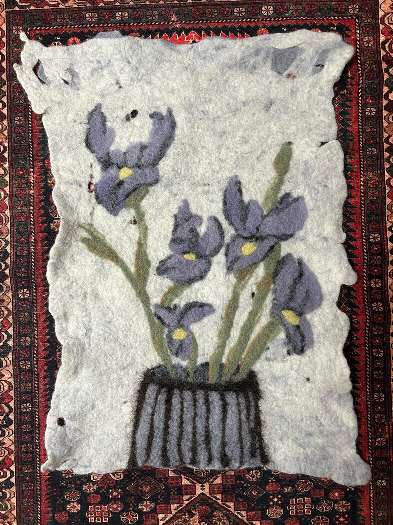 &quot;Irises&quot;, 2025, Wet and needle-felted Ontario Dorset-blend wool, hand-dyed with logwood, fustic, and iron, Size: 15&quot; x 22.5&quot;