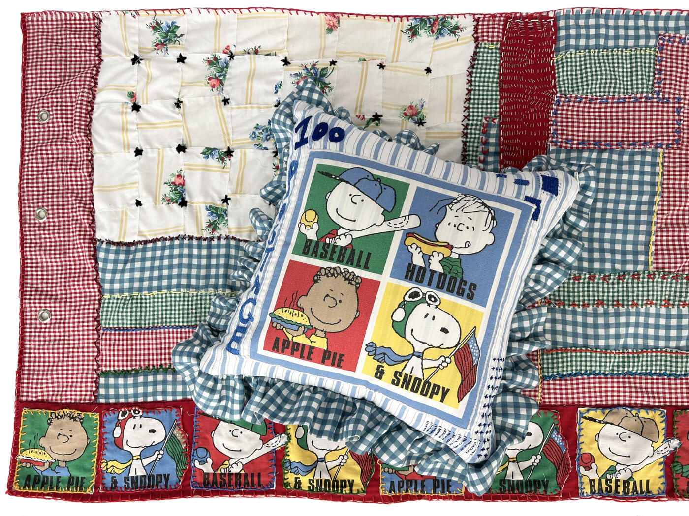 &quot;Peanut(s) Gallery&quot;, 2023, hand-sewn quilt, upcycled fabric, size: 56.5” x 28&quot;