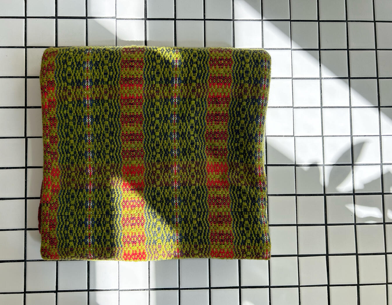 &quot;Woven Atonement&quot;, 2025, 4-shaft woven custom floatwork (overshot) throw blanket, 51.5&quot; x 53.5&quot;