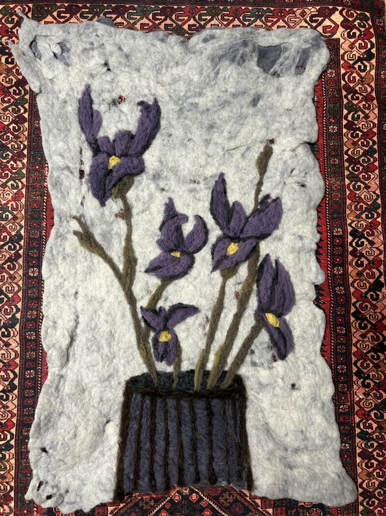 &quot;Irises&quot;, 2025, Wet and needle-felted Ontario Dorset-blend wool, hand-dyed with logwood, fustic, and iron, Size: 15&quot; x 22.5&quot;