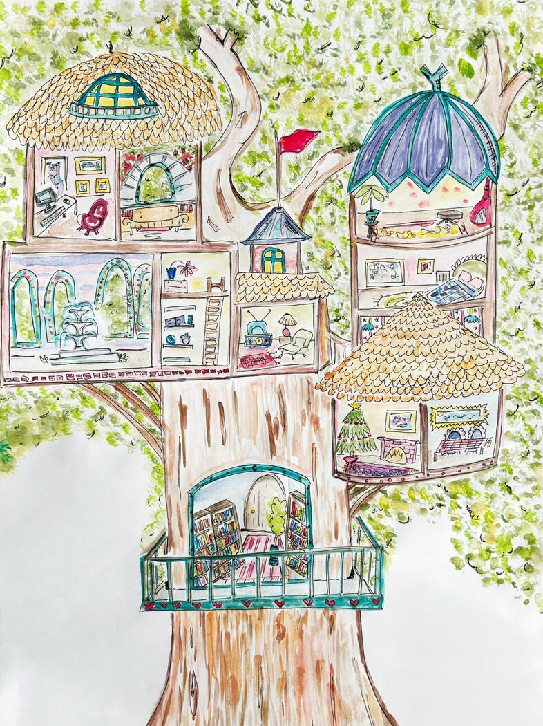 &quot;The Tree House&quot;, 2024, gauche and pen, size: 11&quot; x 15&quot;