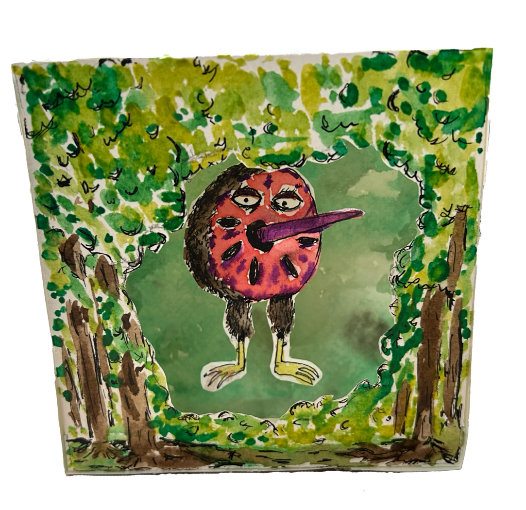 &quot;Kiwi&quot;, 2025, 3D paper diorama - pen, watercolour paint, paper, size: 4&quot; x 4&quot;