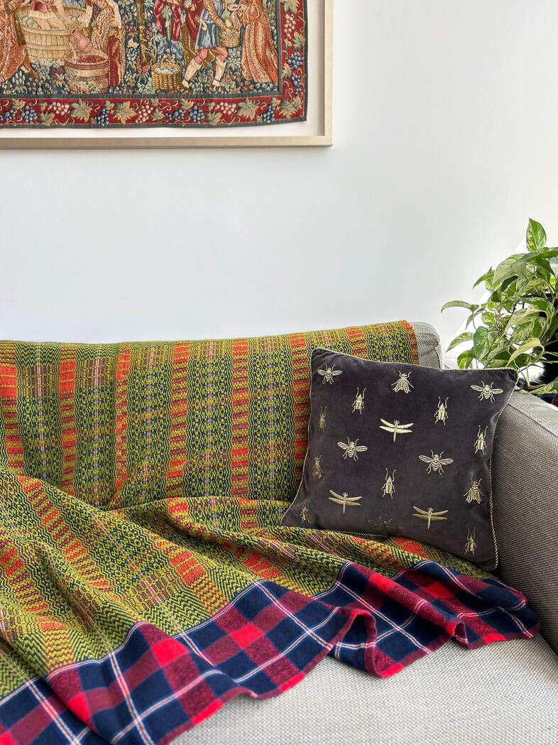 &quot;Woven Atonement&quot;, 2025, 4-shaft woven custom floatwork (overshot) throw blanket, 51.5&quot; x 53.5&quot;