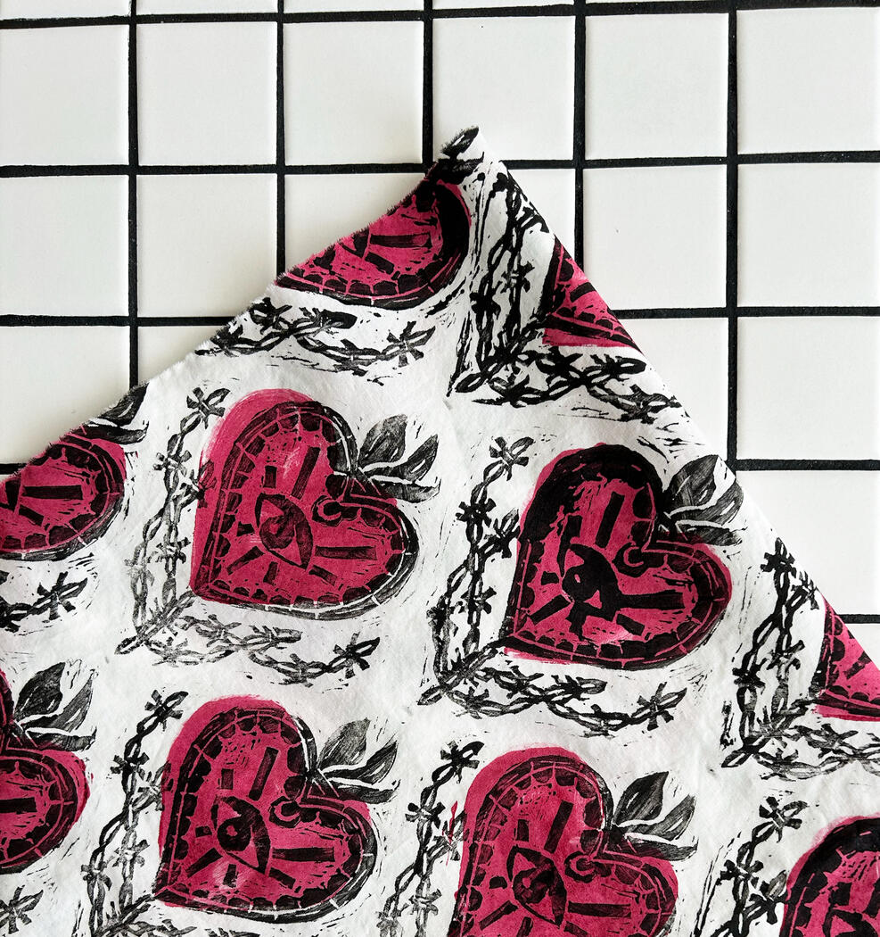 &quot;Sacred Heart&quot;, 2023, block printing on pima cotton, size: 39&quot; x 58&quot;