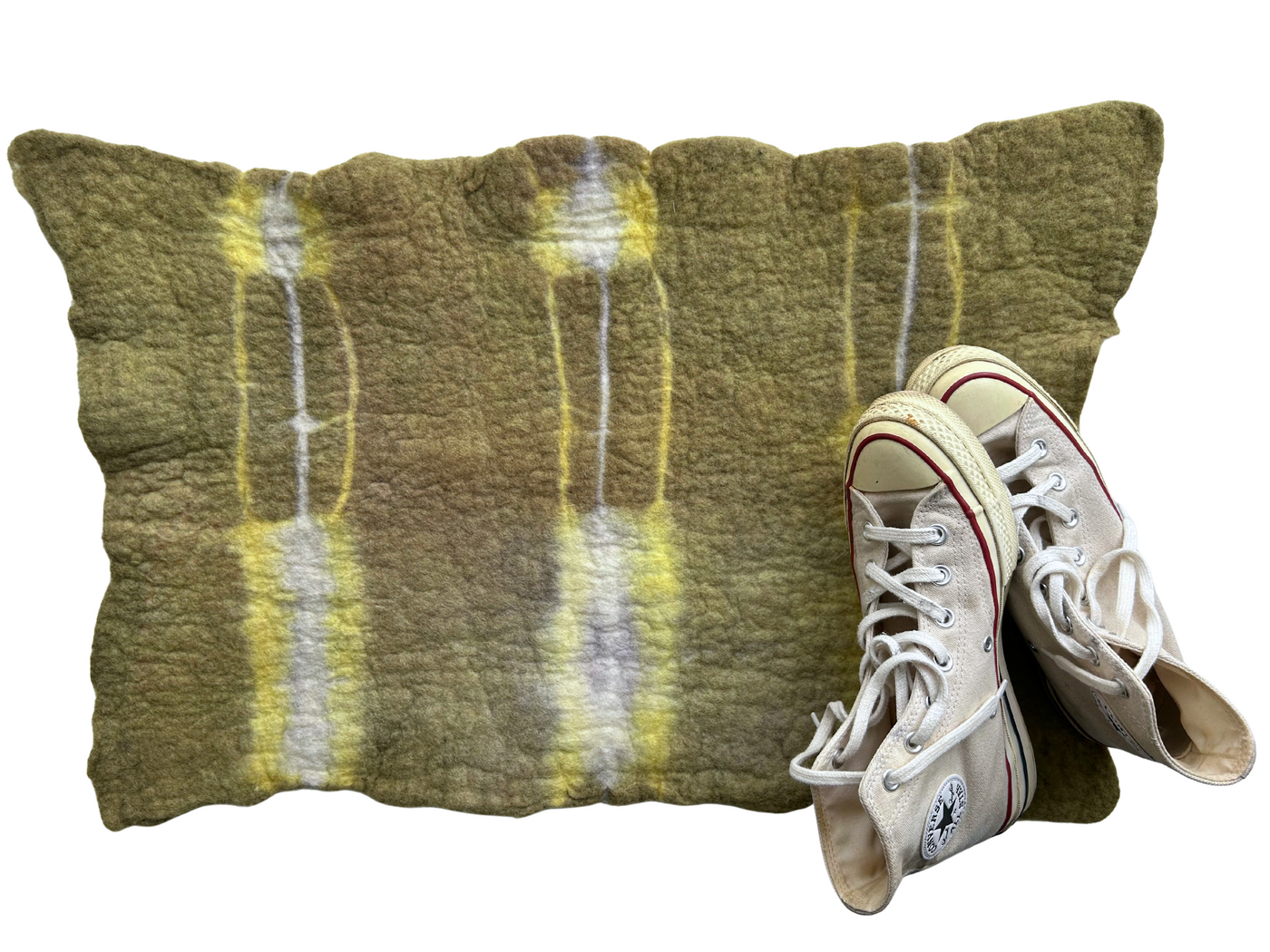 where time softens, 2025, rambouillet wool with natural dyes, size: 16.5" x 27"