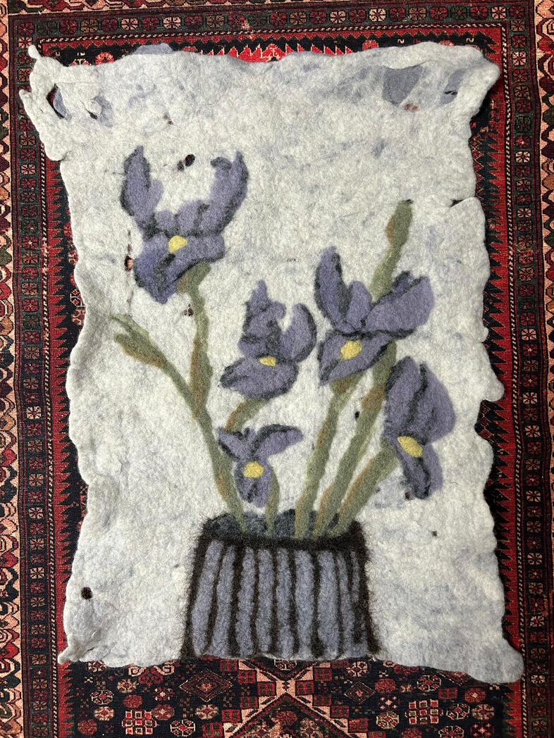 tending to irises, 2025, Ontario wool and natural dyes, 18" x 24"