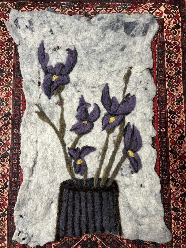 tending to irises, 2025, Ontario wool and natural dyes, 18" x 24"
